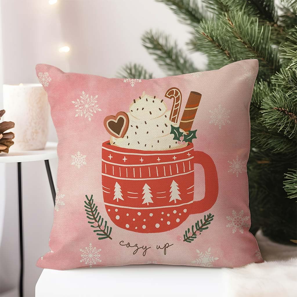 HERHOME Pink Christmas Pillow Covers 18x18 Inch Gingerbread House Hot Cocoa Xmas Tree Pink Christmas Decorations Winter Holiday Decorative Throw Pillow Case Set of 4 for Couch Home Decor