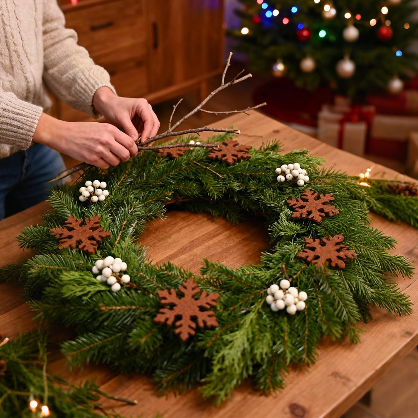 TEMPUS 6 Pcs Christmas Tree Ornaments 26 Inch Pine Needle Branches with Felt Reindeer Snowflakes Christmas Table Centerpiece Winter Home Decor DIY Crafts for Vase Filler Wreath Decor