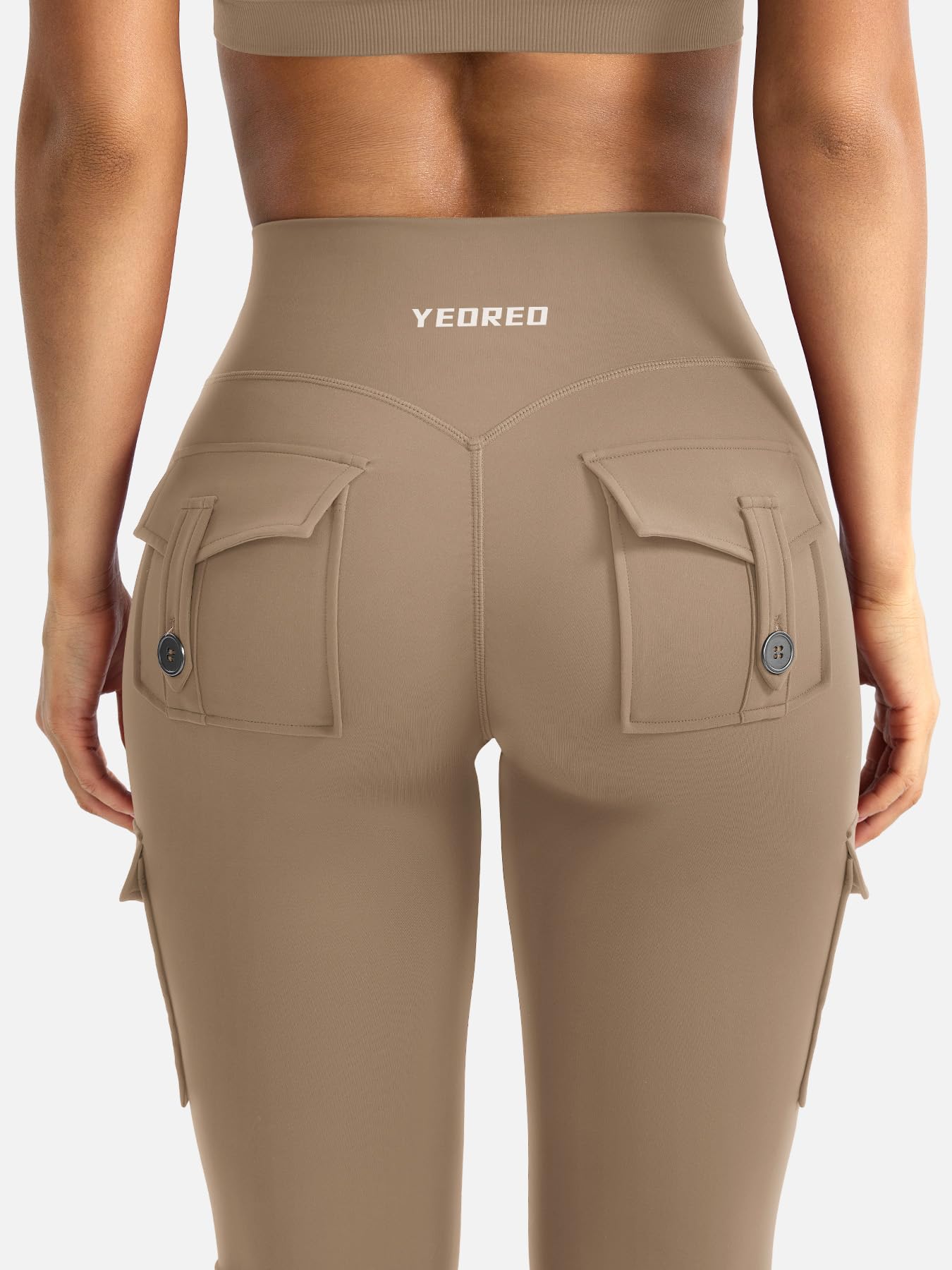 YEOREO CoreFlex Women Workout Flare Leggings with Pockets Hidden Scrunch High Waisted Cargo Gym Yoga Leggings Light Brown L