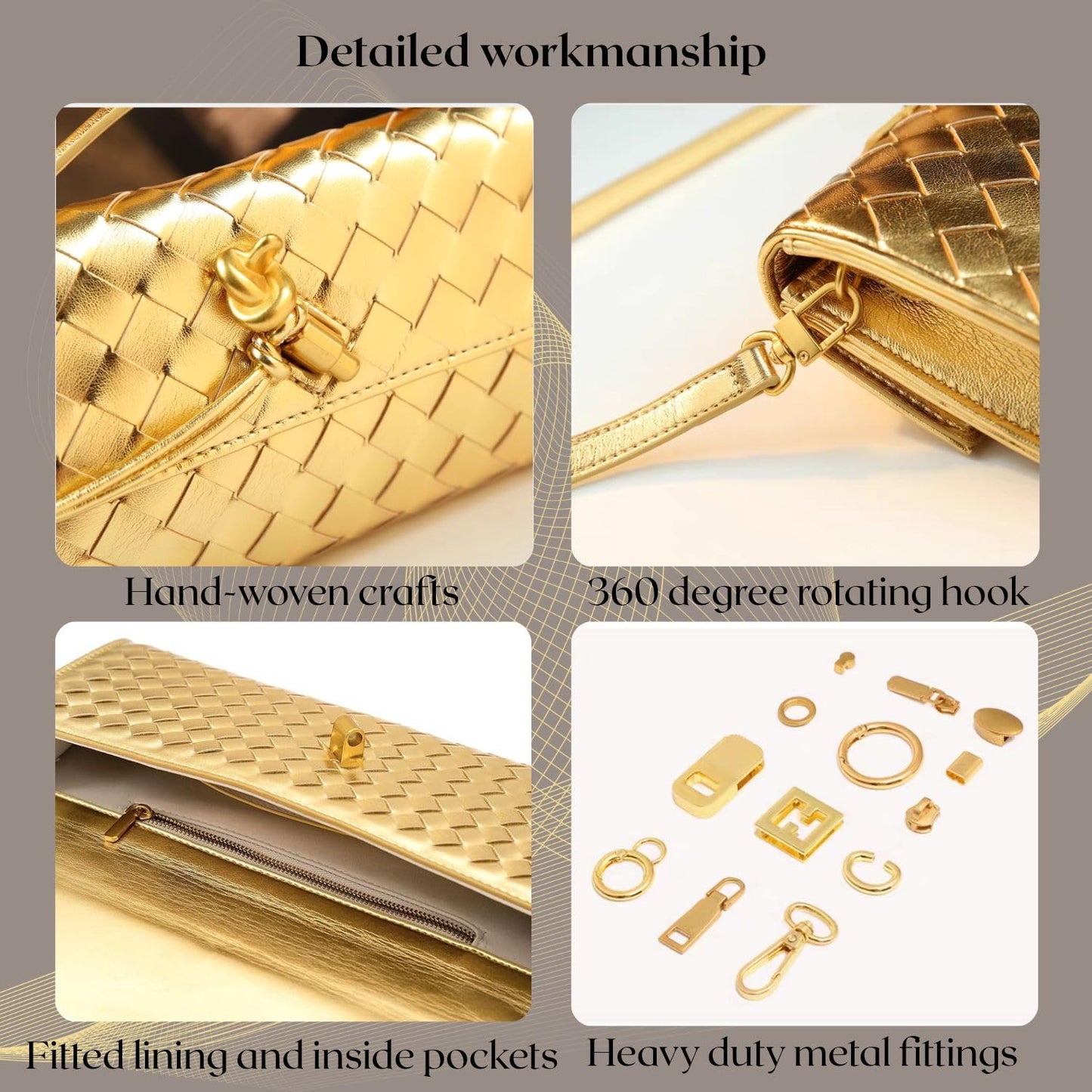 DST Gainbow Woven Clutch Purses for Women, PU Leather Evening Bag,Crossbody Shoulder Handbag with Detachable Strap（Gold）