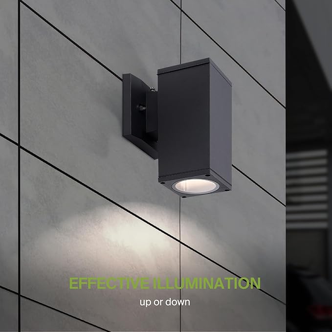 ASD 1 Light Square Dusk to Dawn Outdoor Wall Light Fixture | 60W E26 Socket 120V ETL Cylinder Up Down Lights | LED/CFL/Incandescent Bulb Exterior Wall Sconce | Front Door, Porch, Patio | Black, 2 Pack