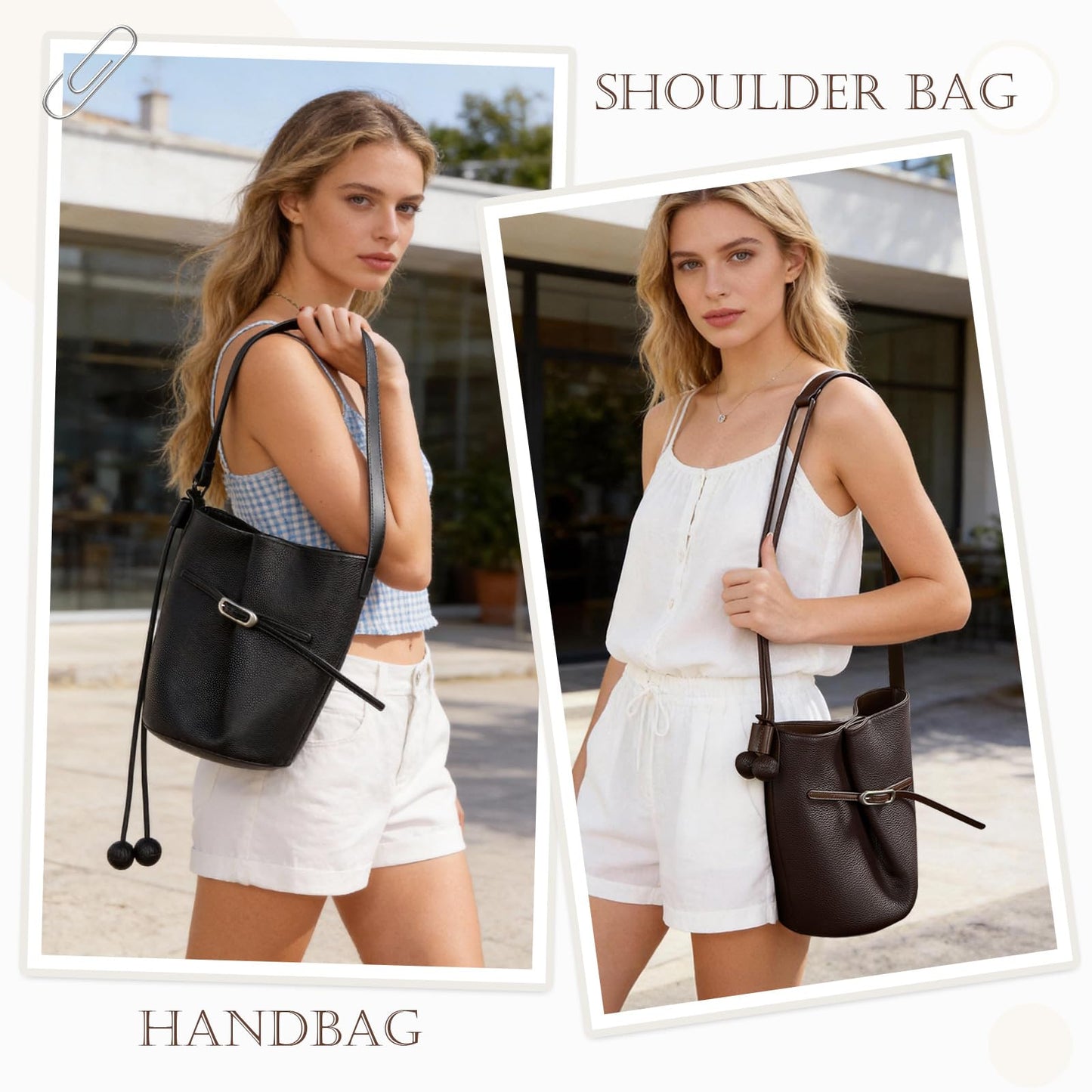 MoreFarther Genuine Leather Bucket Bag for Women, Adjustable Shoulder Bag for Work, Travel, Everyday Use (Black)