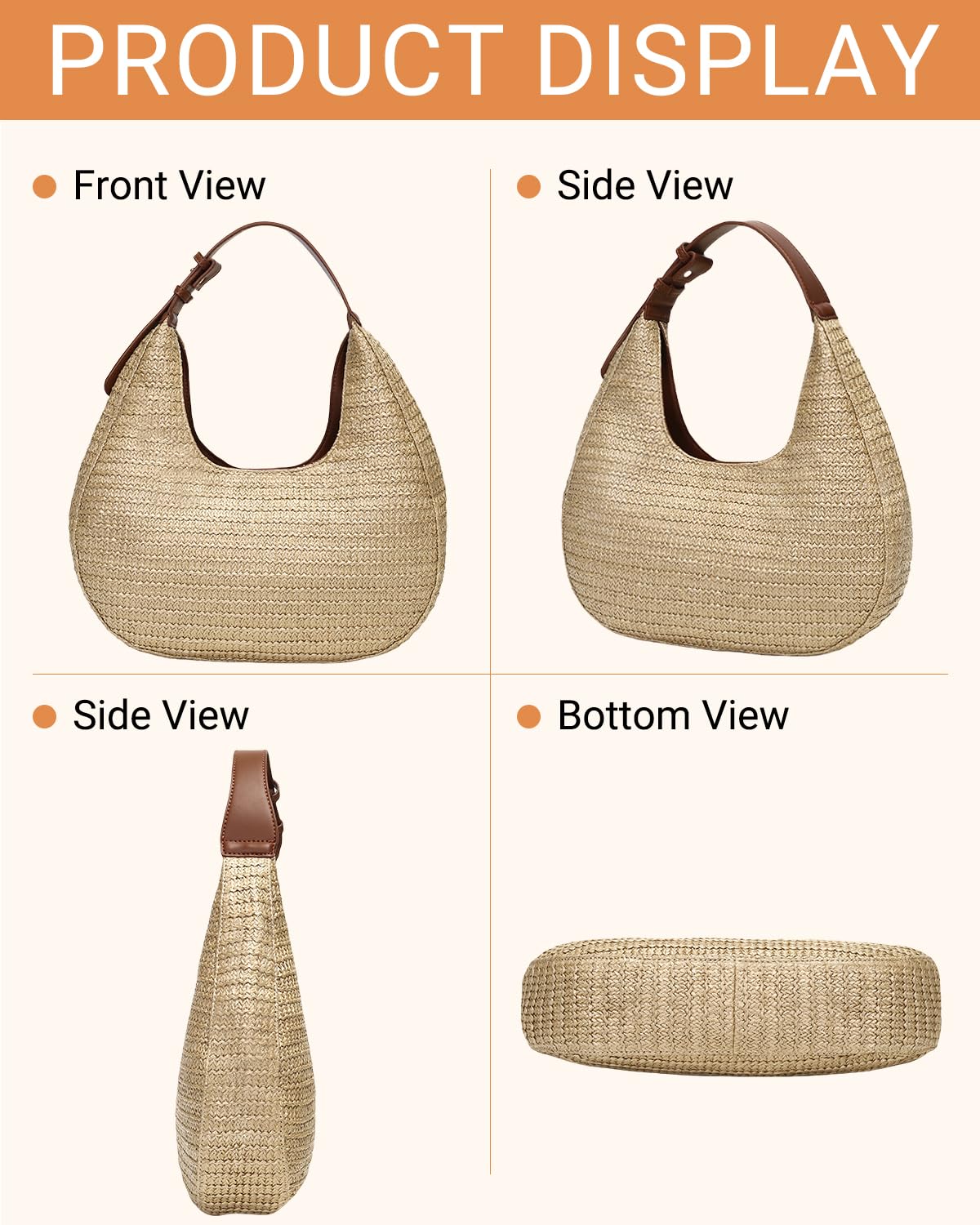 Herald Hobo Crescent Straw Handbag for Women, Summer Beach Tote Bag Purse Top Handle Satchel with Adjustable Strap (Brown)
