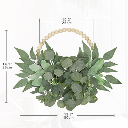 Artificial Eucalyptus Wreaths with Wood Bead for Front Door 10" Eucalyptus Leaves Wreaths Spring Summer Decoration Boho Farmhouse Wall Decor 2 Pack - Eucalyptus