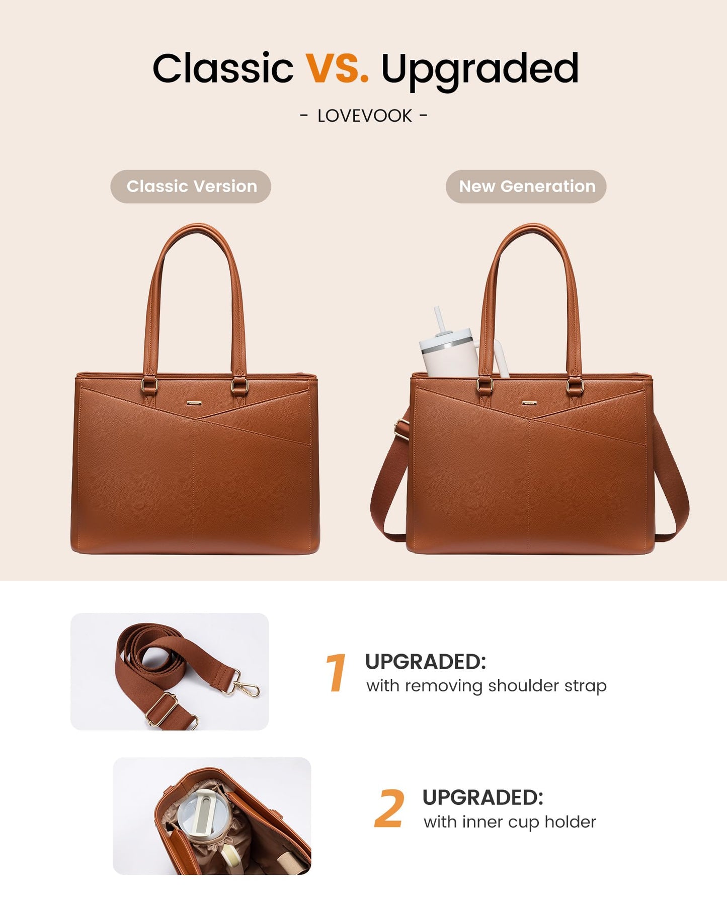 LOVEVOOK Laptop Tote Bag for Women 15.6 Inch Leather Work Bags with Large Cup Holder for Teacher Work Business,Brown