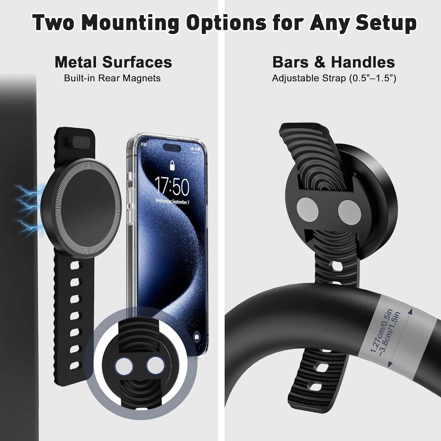 Stroller Phone Holder, Compatible with MagSafe, Magnetic Handlebar Mount, 17x N52 Strong Magnets, Fits Treadmills, Peloton, Shopping & Golf Carts, Adjustable Strap, iPhone 12–16 & Android