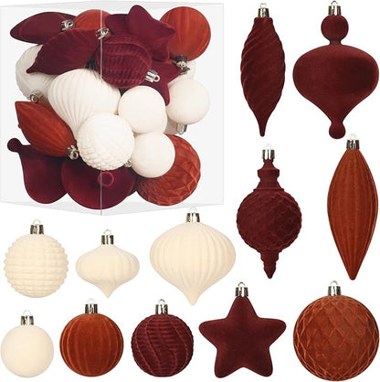 SY Super Bang 30PCS Velvet Christmas Ornaments Set, Flocked Shatterproof Assorted Hanging Xmas Tree Ball Decorations, for Home Party Holiday Decor, Coffee, Beige