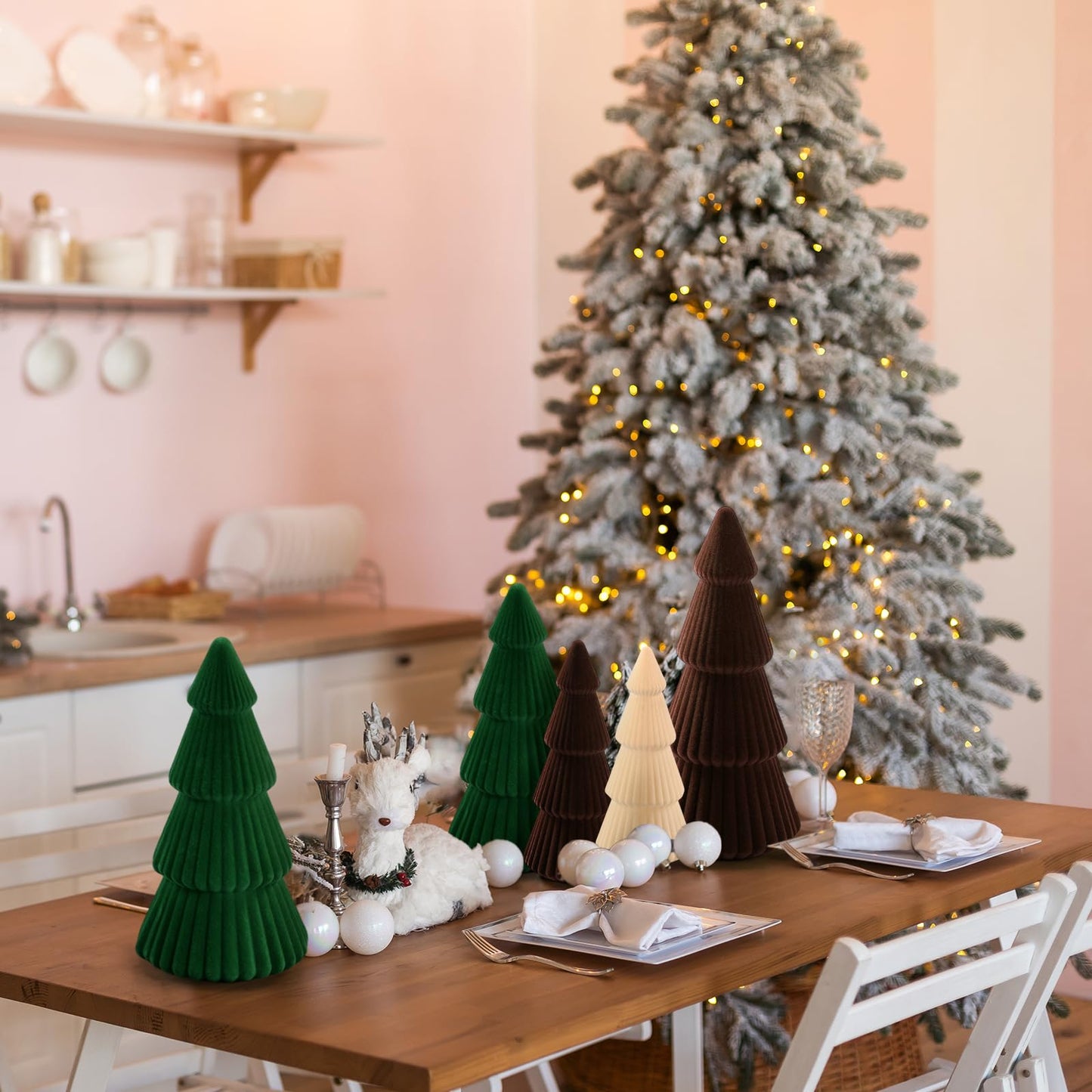 Thyle 6 Piece Brown Christmas Ornaments Velvet Christmas Tree, Cone-Shaped Indoor Xmas Decoration Centerpieces for Table Shelves, Living Room Home, Cabinet Mantel Decorations