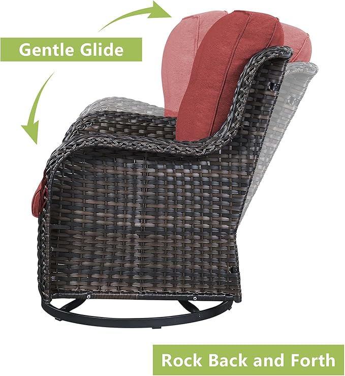 Rilyson Wicker Patio Furniture Set - 5 Piece Rattan Outdoor Sectional Conversation Sets with 2 Rocking Swivel Chairs,2 Ottomans and 1 Sofa for Porch Deck Garden(Brown/Red)