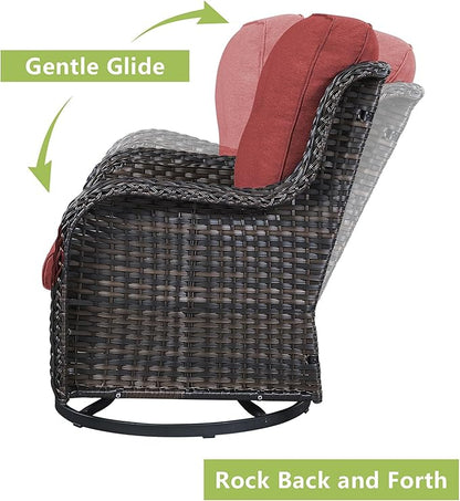 Rilyson Patio Chairs Wicker Outdoor Chair - 6 Piece Rattan Swivel Rocking Chairs Set Patio Glider Rocker Chairs with Glass Top Side Table for Porch Deck Garden Backyard(Brown/Red)