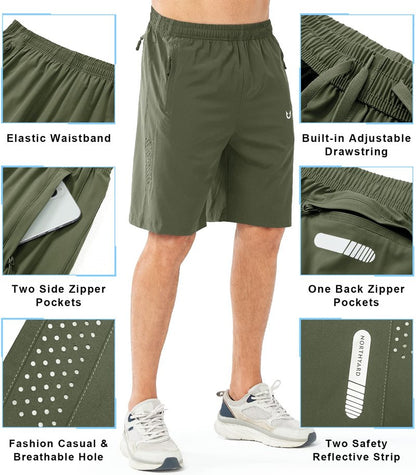 NORTHYARD Men's Athletic Running Shorts Gym Workout 7"/9"/5" Quick Dry Lightweight Sports Basketball Tennis 3 Zipper Pockets ARMYGREEN-9inch L