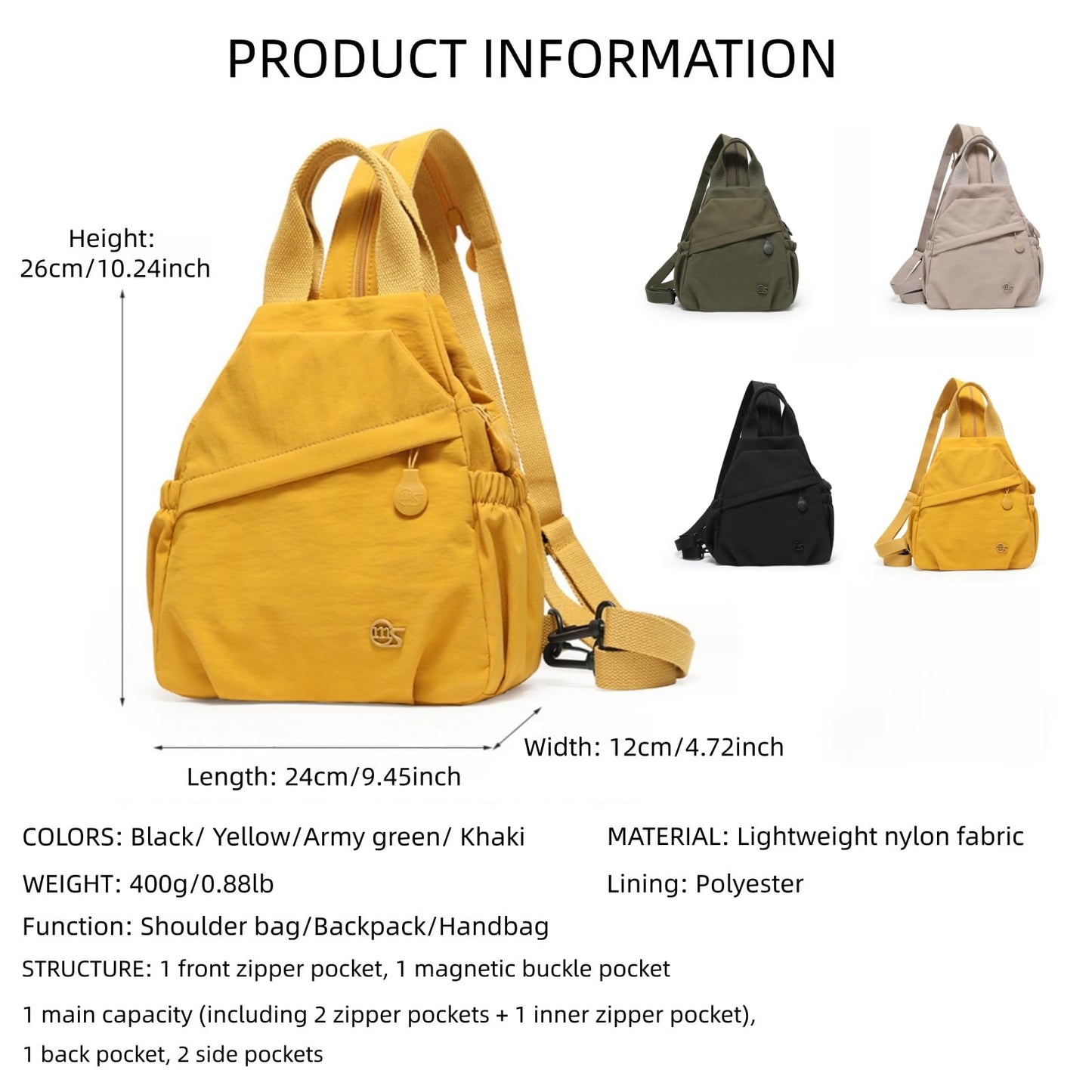 Wafybsre Convertible Sling Backpack for Women, Water-Resistant Lightweight Nylon Pack Hiking Travel Bag (Army green)