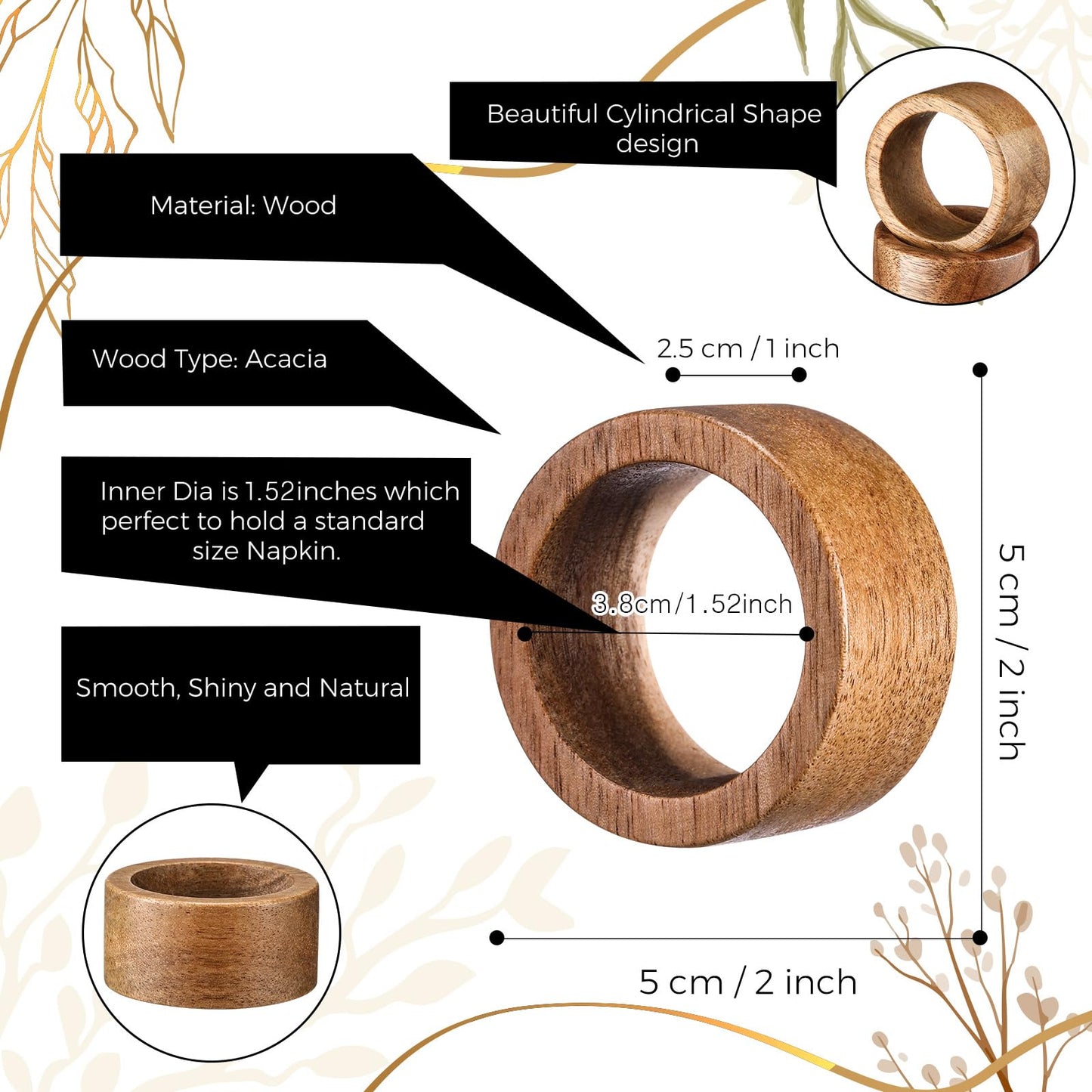 Zhehao 50 Pcs Wood Napkin Rings Bulk Acacia Handmade Dining Table Napkin Holder Buckles Farmhouse Serviette Ring for Holiday Dinner Anniversary Harvest Wedding Table Setting(Round,Brown)