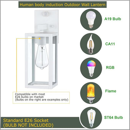 GRUENLICH Dusk to Dawn Large Outdoor Wall Lantern, PIR Motion Sensor Wall Sconce, E26 Base Max 60W, Metal Housing Plus Glass, White Finish, Bulb Not Included, 2-Pack