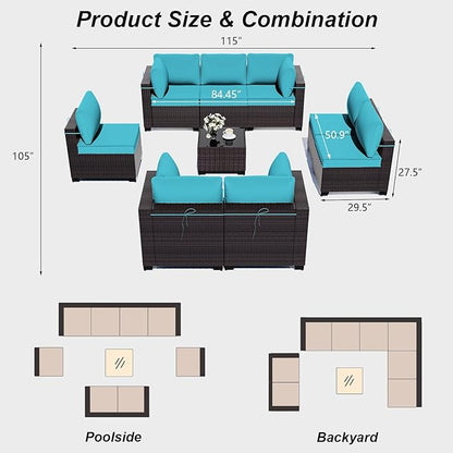 ALAULM 9 Pieces Outdoor Patio Furniture Set Sectional Sofa Sets Brown PE Rattan Patio Conversation Set w/8 Blue Seat Cushions and 1 Coffee Table