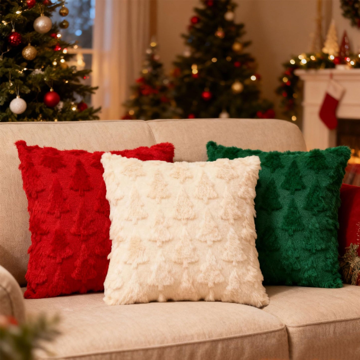 Octisys 3-Pack Christmas Tree Pillow Covers 18x18 Inch - Xmas Throw Pillow Cover Decorations - Soft Plush Cushion Case for Christmas Sofa Couch Bed Room Decoration - Winter Holiday Home Decor