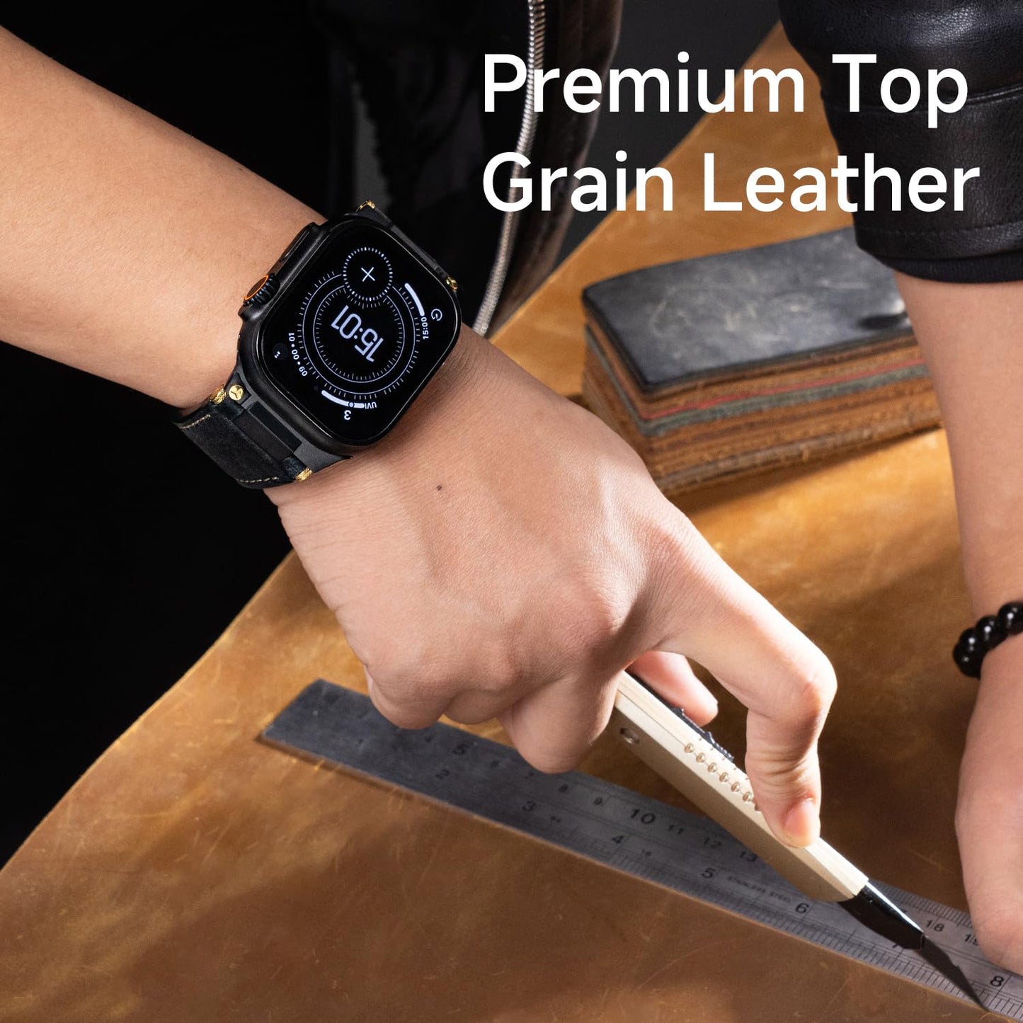 Unfettered Genuine Leather Band for Apple Watch Ultra 3/2, 49mm 46mm 45mm 44mm 42mm, Men's Vintage Full-Grain Replacement Black Strap with Folding Clasp & Metal Connector, Compatible with Series 11–1 SE