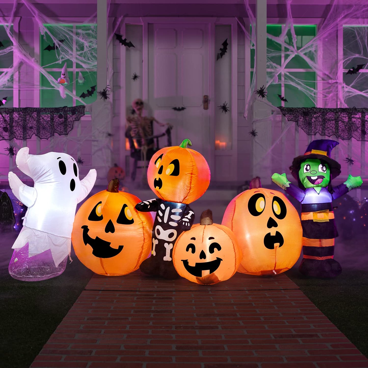 Joiedomi 8 ft Long Halloween Inflatable Three Characters and Pumpkin Patch Outdoor Decoration, Blow Up Inflatables Witch Ghost Skeleton Yard Decorations with LEDs for Party Yard Lawn Garden Decor
