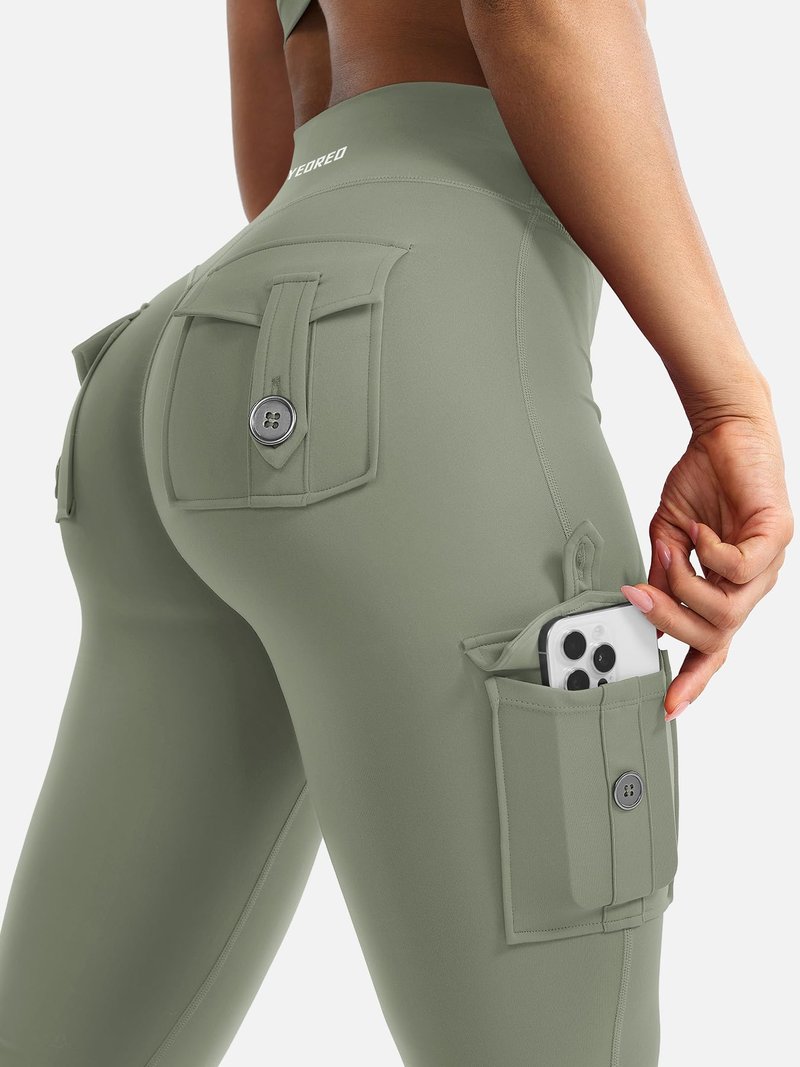 YEOREO CoreFlex Women Workout Flare Leggings with Pockets Hidden Scrunch High Waisted Cargo Gym Yoga No Front Seam Leggings Light Army Green S