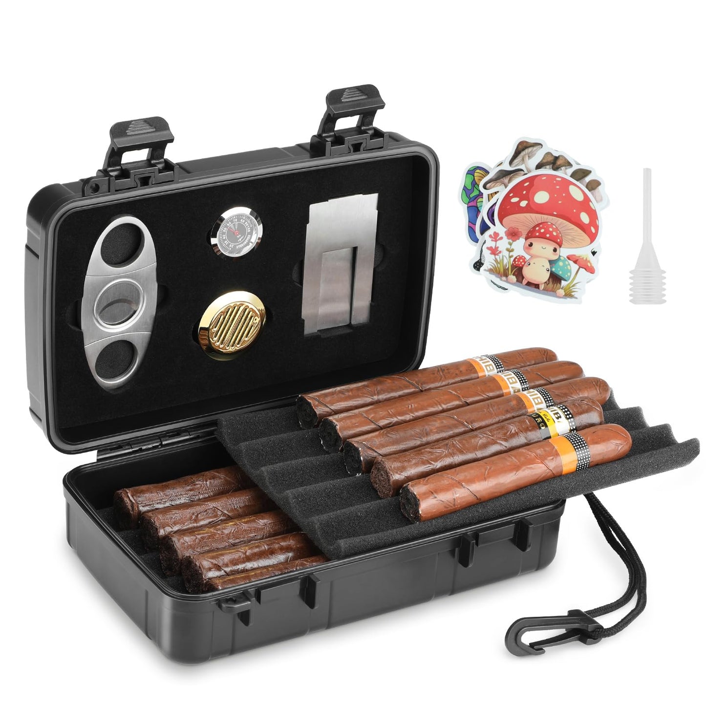 Kyrgyzst Travel Cigar Case Holds 10 Cigars, Portable Cigar Humidor includes Cigar Cutter, Humidifier, Hygrometer - Cigar Accessories Set for Men (Black)