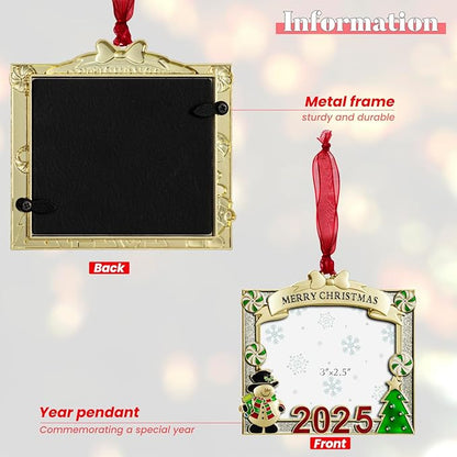 2025 Christmas Tree Ornament Picture Frame Ornament - Made of Zinc Alloy Glitter Powder Pendant 3x2.5 Inch Picture Frame for Pet and Baby Holiday Keepsake Gift (Snowman,Golden)