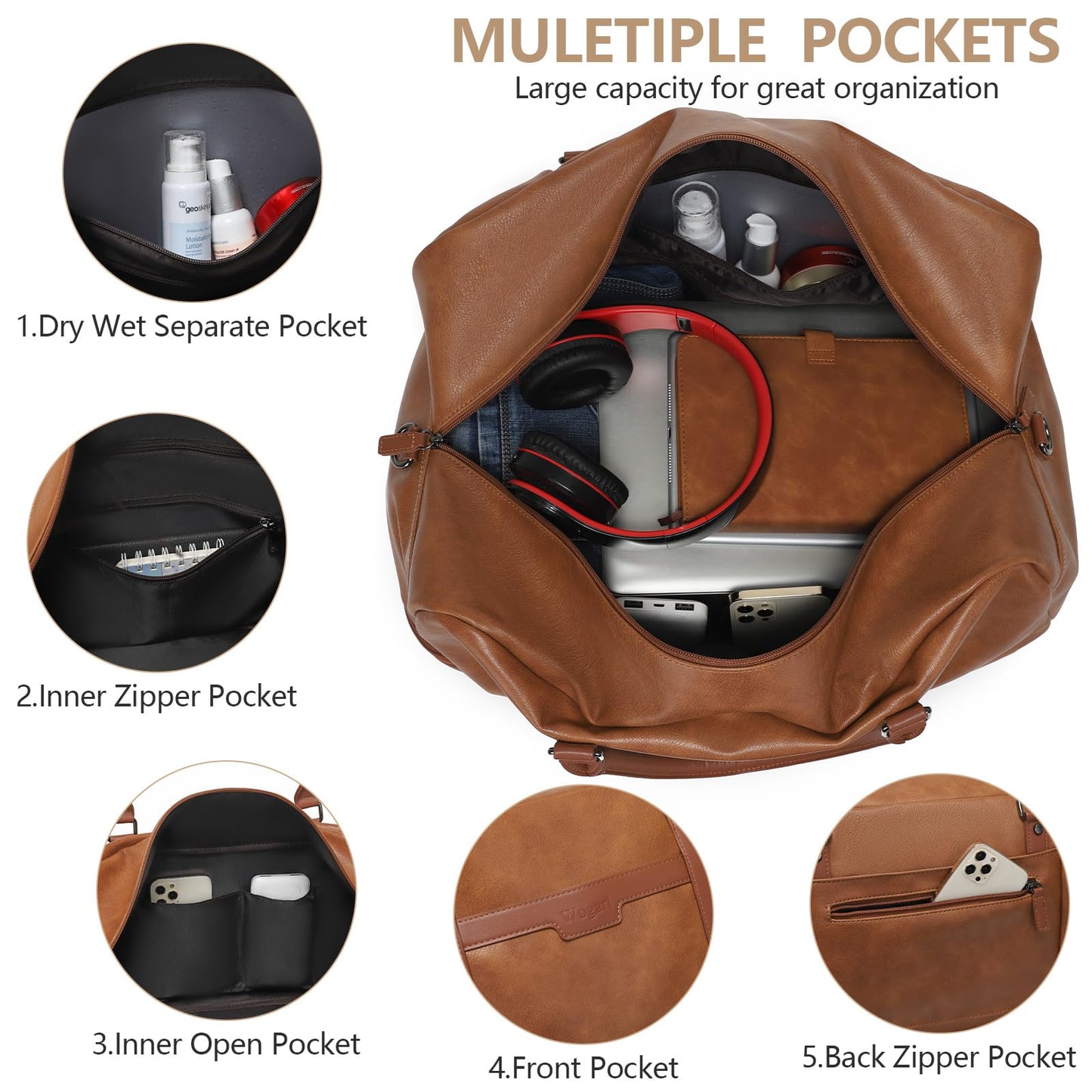 Wogarl Weekender Bag for Women: 4PCS Faux Leather Large Overnight Travel Duffel with Shoe Compartment & Toiletry Satchel Bags Carry On Duffle Fit 21" Laptop (Light Brown)