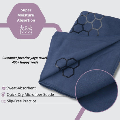 Clever Yoga Hot Yoga Mat Towel – Non-Slip Grip for Hot Yoga, Sweat Absorbent, Honeycomb Silicone Grip, Stays Flat – Ideal for Pilates, Travel, Washable & Lightweight - Dark Blue
