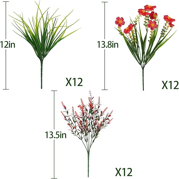 36pcs Faux Plants Outdoor, Uv Resistant Artificial Plants Outdoor Fake Flowers Plants Plastic Greenery Shrubs for Outside Window Box Garden Patio Porch Home Decor (Mixed Red)