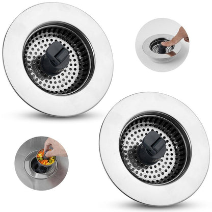 Hibbent 2 Pack 3 in 1 Kitchen Sink Drain Strainer, Stainless Steel Wrapped Shell Drain Stopper Combo, Pop Up Sink Stopper, Anti-Clogging Strainer with Foldable Handle for US Standard 3-1/2" Drain