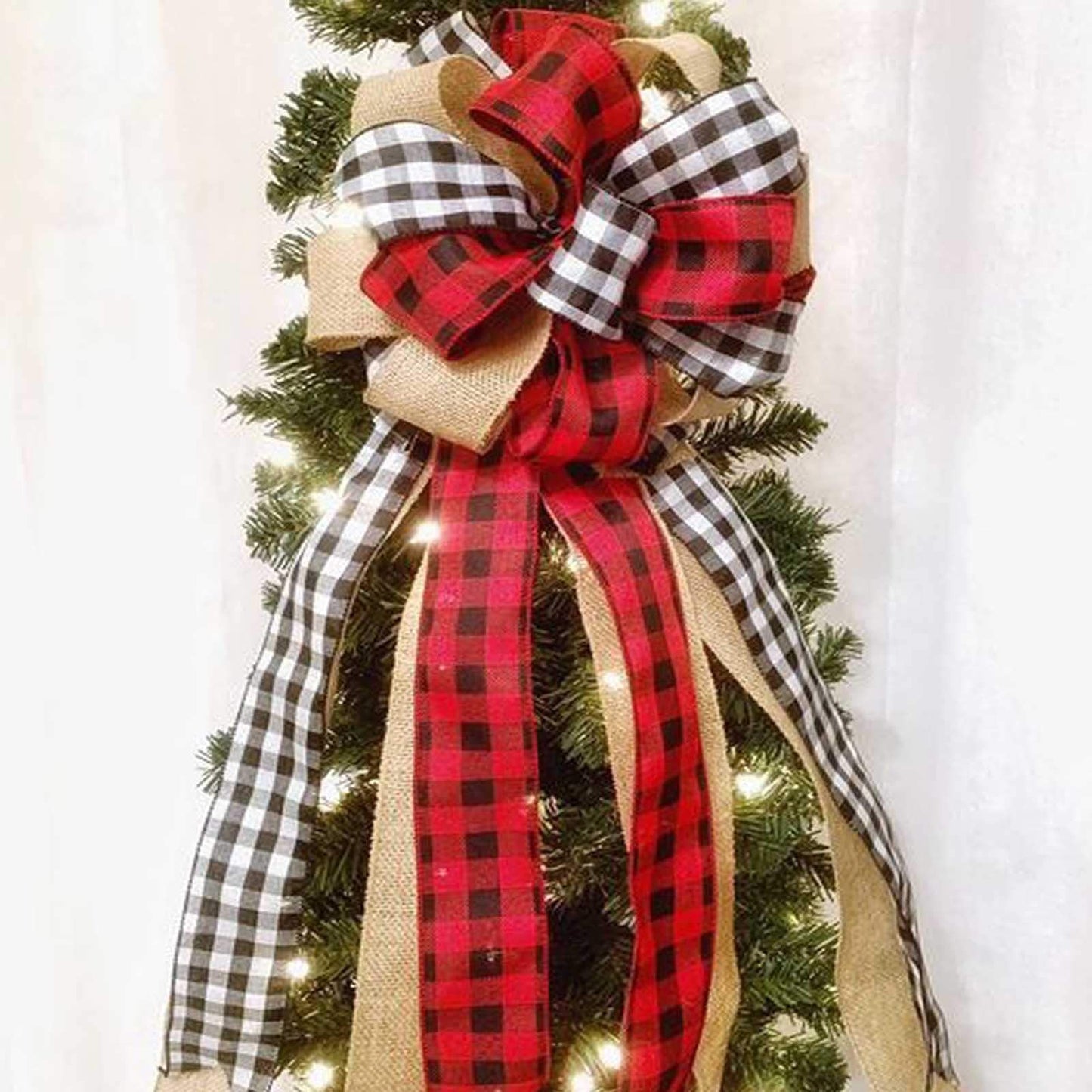 Fvviia Christmas Tree Topper Large Buffalo Plaid Burlap Red and Black Gift Bow for Xmas Tree Handmade Holiday Party Decorations-13 x 29 Inch