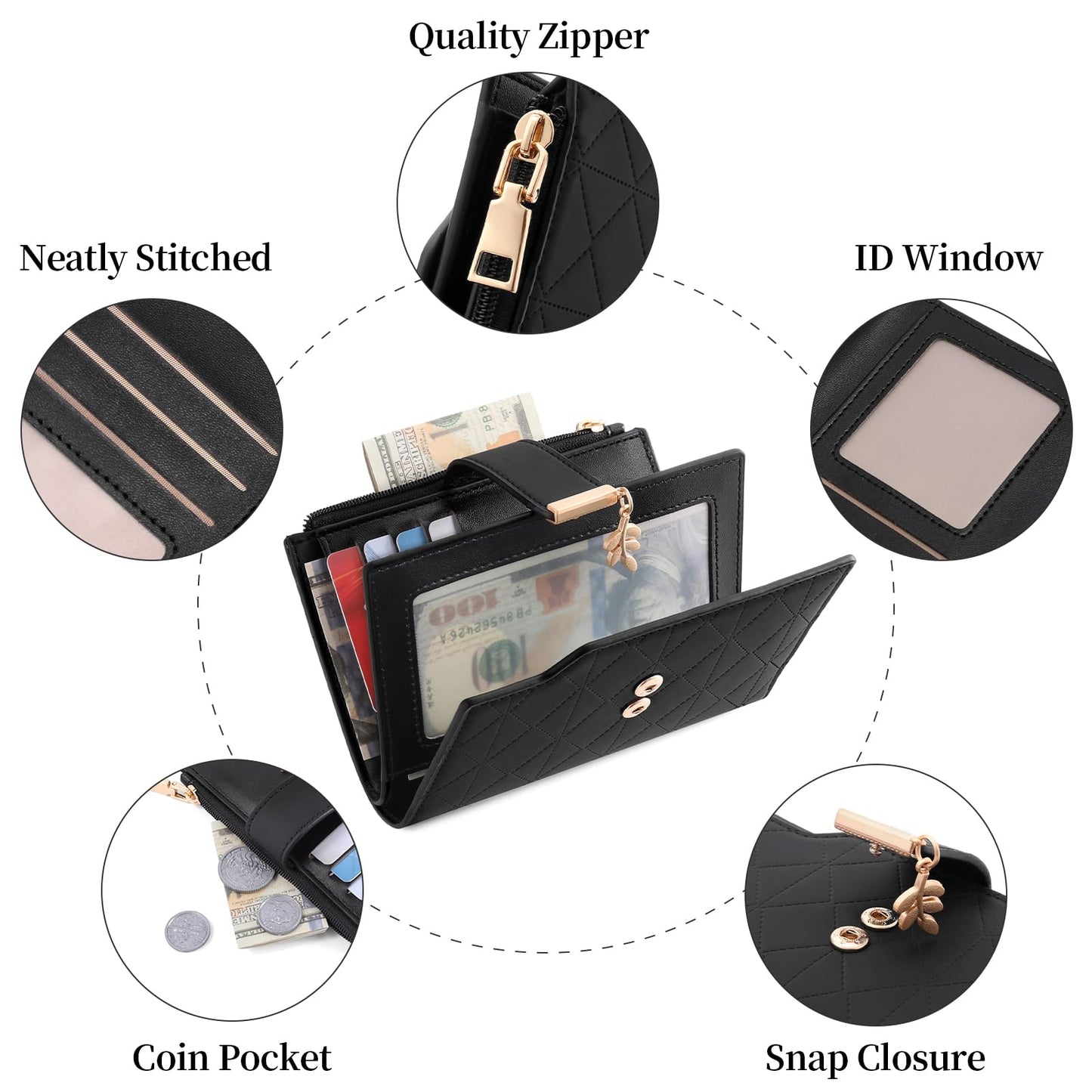 SENDEFN Wallets for Women Leather RFID Blocking Credit Card Case Holder Purse Zipper Pocket with ID Window