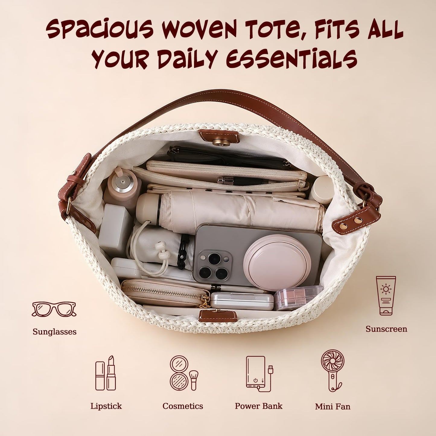 OKoriensuntek Crochet Bag Woven Tote for Women, Cotton Rope Straw Beach Bag with Adjustable Leather Shoulder Strap, Magnetic Snap Summer Bag for Everyday & Travel