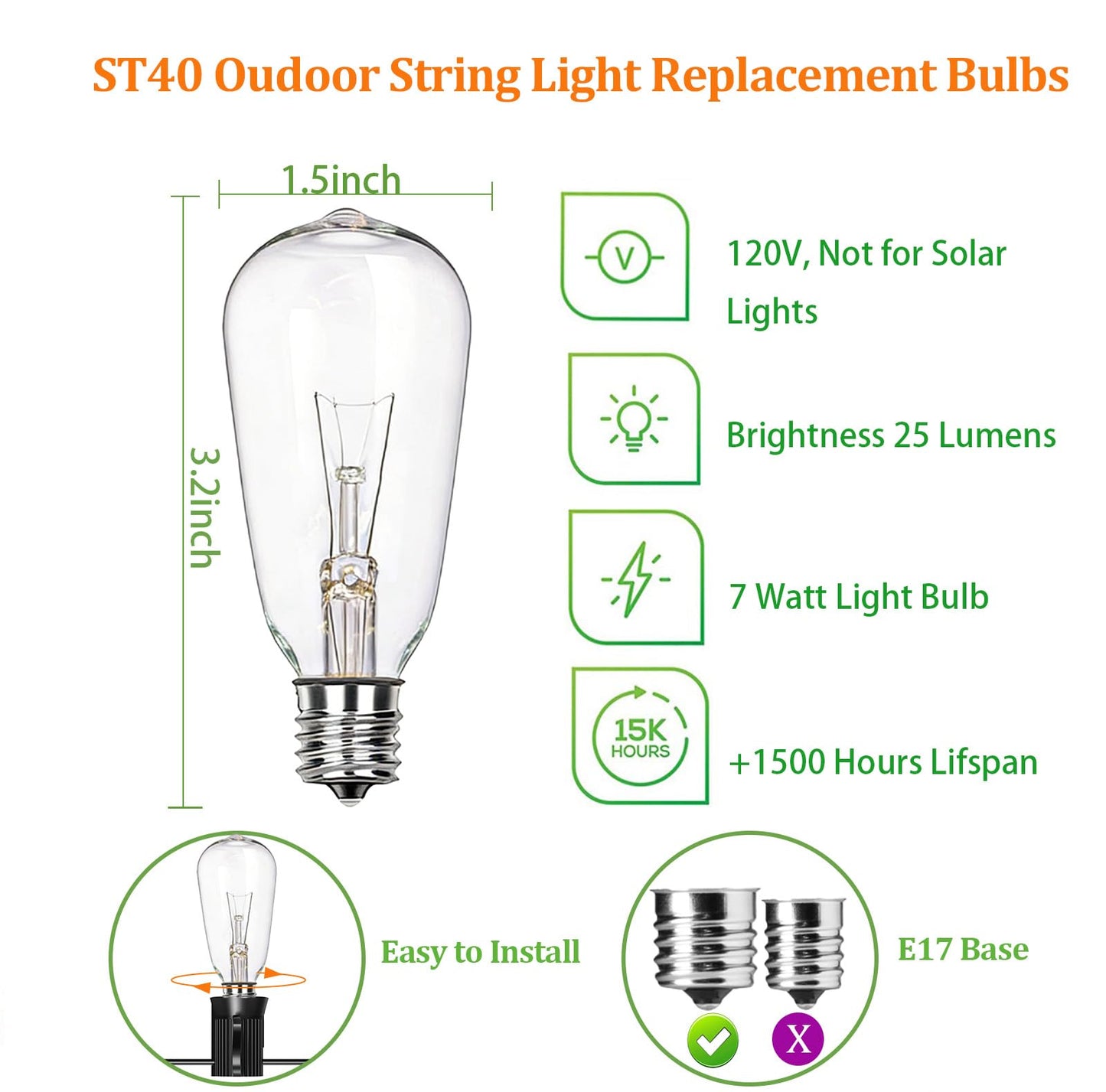 Jasneniebo 10-Pack Edison Replacement Light Bulbs, 120V 7W E17/ Intermediate Screw Base Light Bulbs, ST40 Clear Glass Light Bulbs for Outdoor Patio String Lights, Wedding Home Decor, Warm White