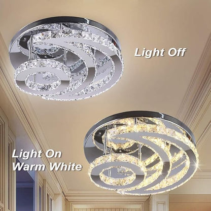 CXGLEAMING 15.7" Modern LED Ceiling Light Flush Mount Crystal Chandelier Light Fixture Round Moon Shape Modern Chandeliers for Living Room Bedroom Bathroom Hallway(3 Color Changable)