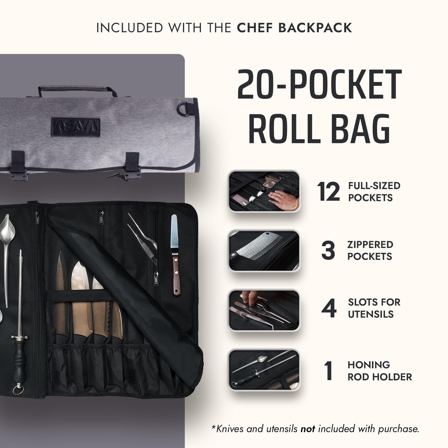Asaya Chef Knife Backpack with 20-Pocket Knife Roll Bag - Over 30 Storage Pockets Chef Bag, Professional Backpack for Chefs and Culinary Students – Knives Not Included (Grey)