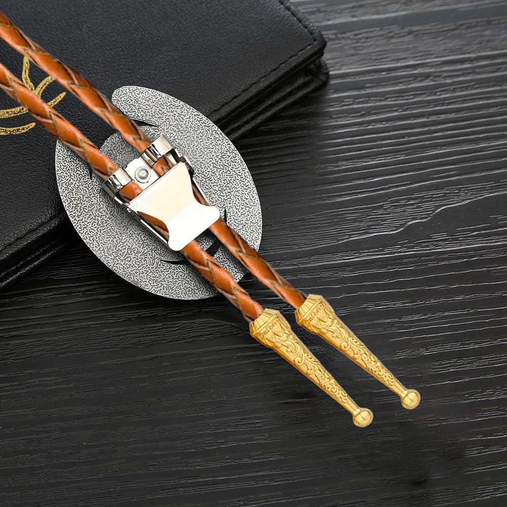 HLYMPONY Bolo tie for Men Western Cowboy Brown Leather Necktie Gold Initial Letter ABCDJMR to Z Bolo ties for Women (V)