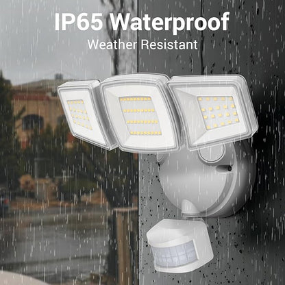 NOVOSTELLA Security Lights Motion Sensor, 1Pack LED Flood Lights Outdoor with Remote, Dusk to Dawn 45W 5000lm 5000K, 3 Heads Wired Wall Adjustable Floodlights, IP65 Waterproof for Garage Yard House