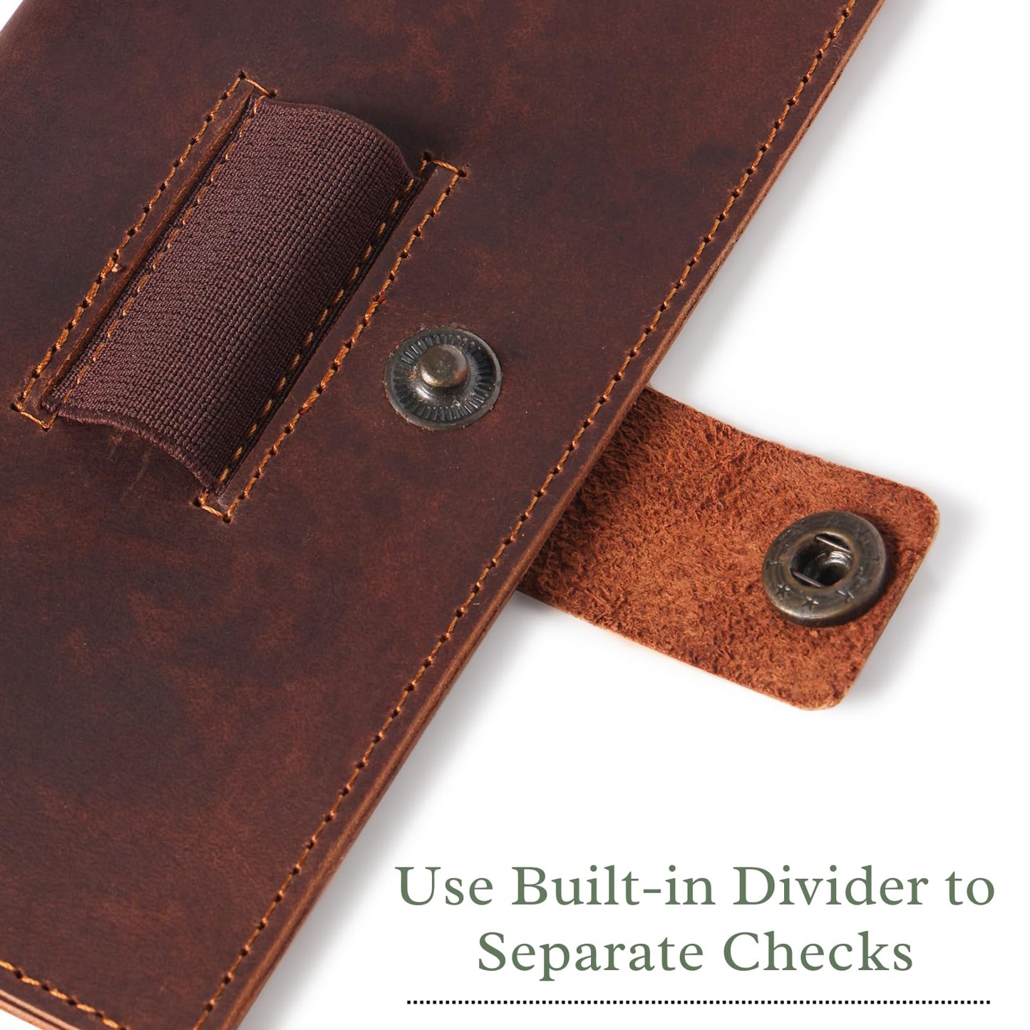 Brown Leather Checkbook Cover for Men & Women, Full Grain Check Book Wallet with Pen Holder, Fits Personal & Duplicate Checks, Slim Money Organizer Case, Durable Leather Checkbook Holder 7x3.75 Inches