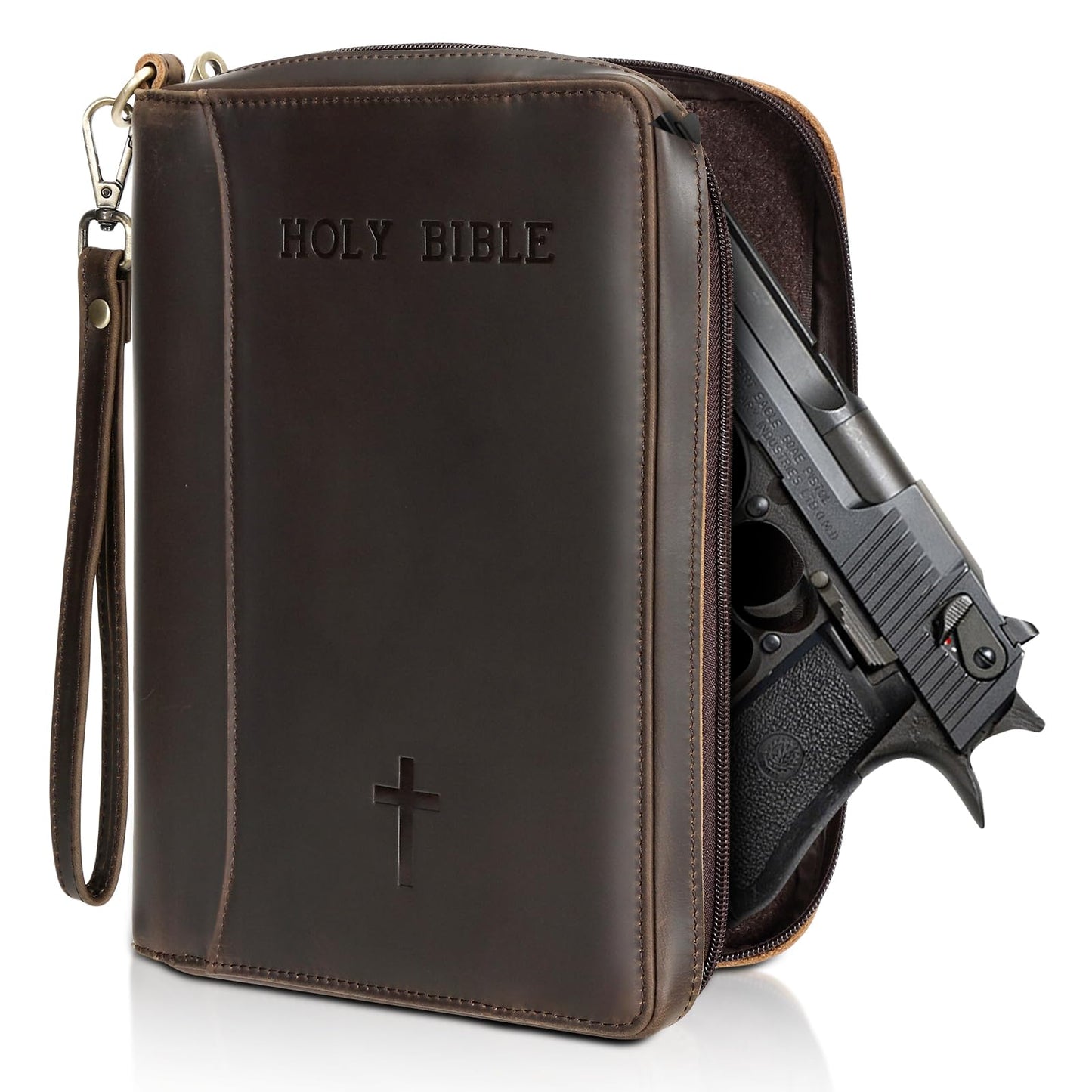 Polare Full Grain Leather Holy Bible Soft Carry Handgun Pouch CCW Bag Padded Pistol Wallet Tactical Case with Lockable Zipper and Wristlet Strap