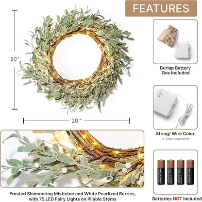 LampLust Winter Wreaths for Front Door Outside, 20 Inch Flocked Wreath with Mistletoe & Pearly White Berries, 75 LED Lights, Battery Powered, Timer, Farmhouse Wreath, Winter Wreaths for Indoors