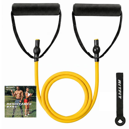 RitFit Single Resistance Exercise Band with Comfortable Handles - Ideal for Physical Therapy, Strength Training, Muscle Toning - Foam Padding Door Anchor and Starter Guide Included (Yellow(1-5lbs)