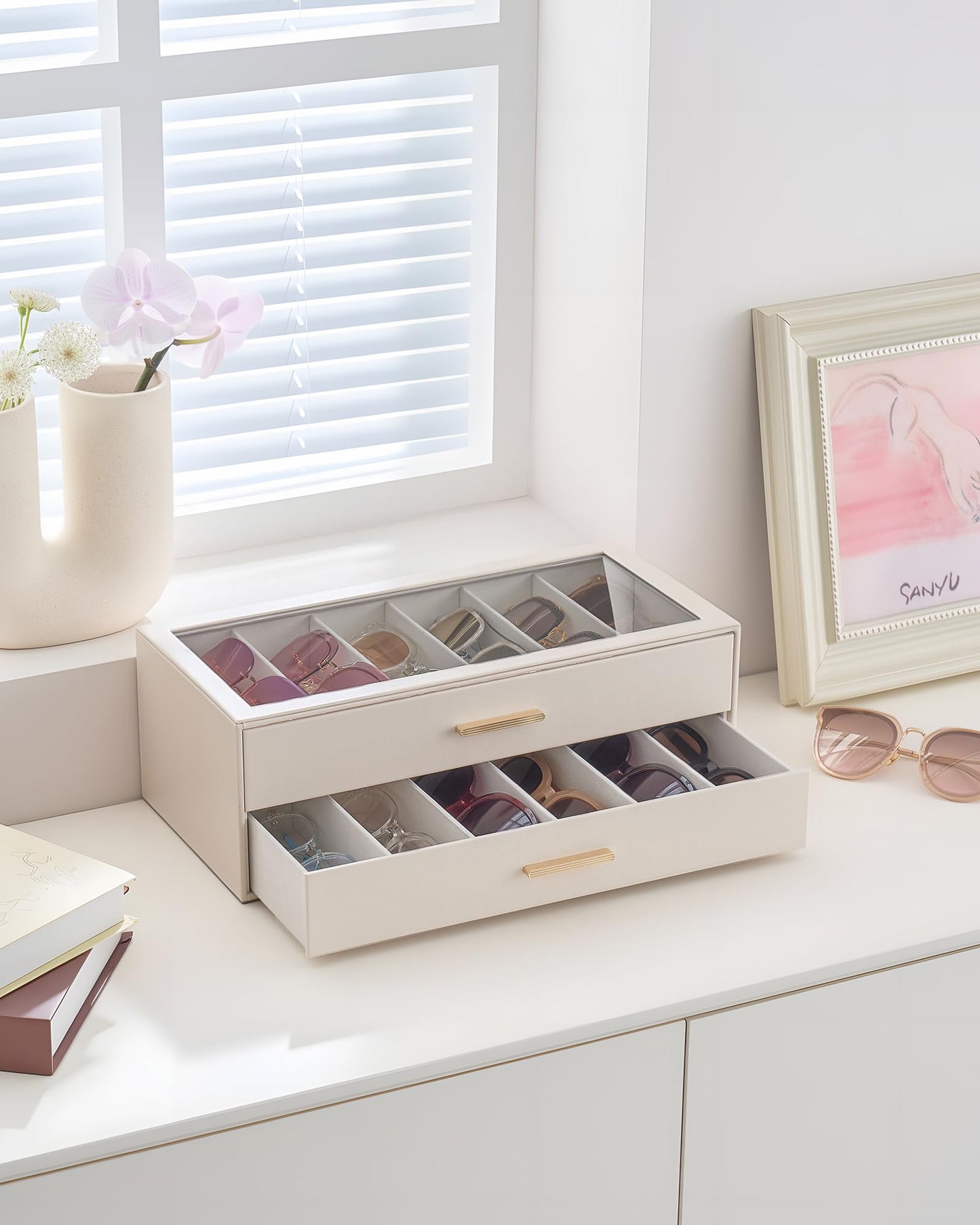 Lolalet 12 Slots 2-Layer Sunglasses Storage Box for Women, Eyewear Eye Glass Sunglass Organizer with Clear Top Lid Display Holder Case for Eyeglass Watch Jewelry -Beige