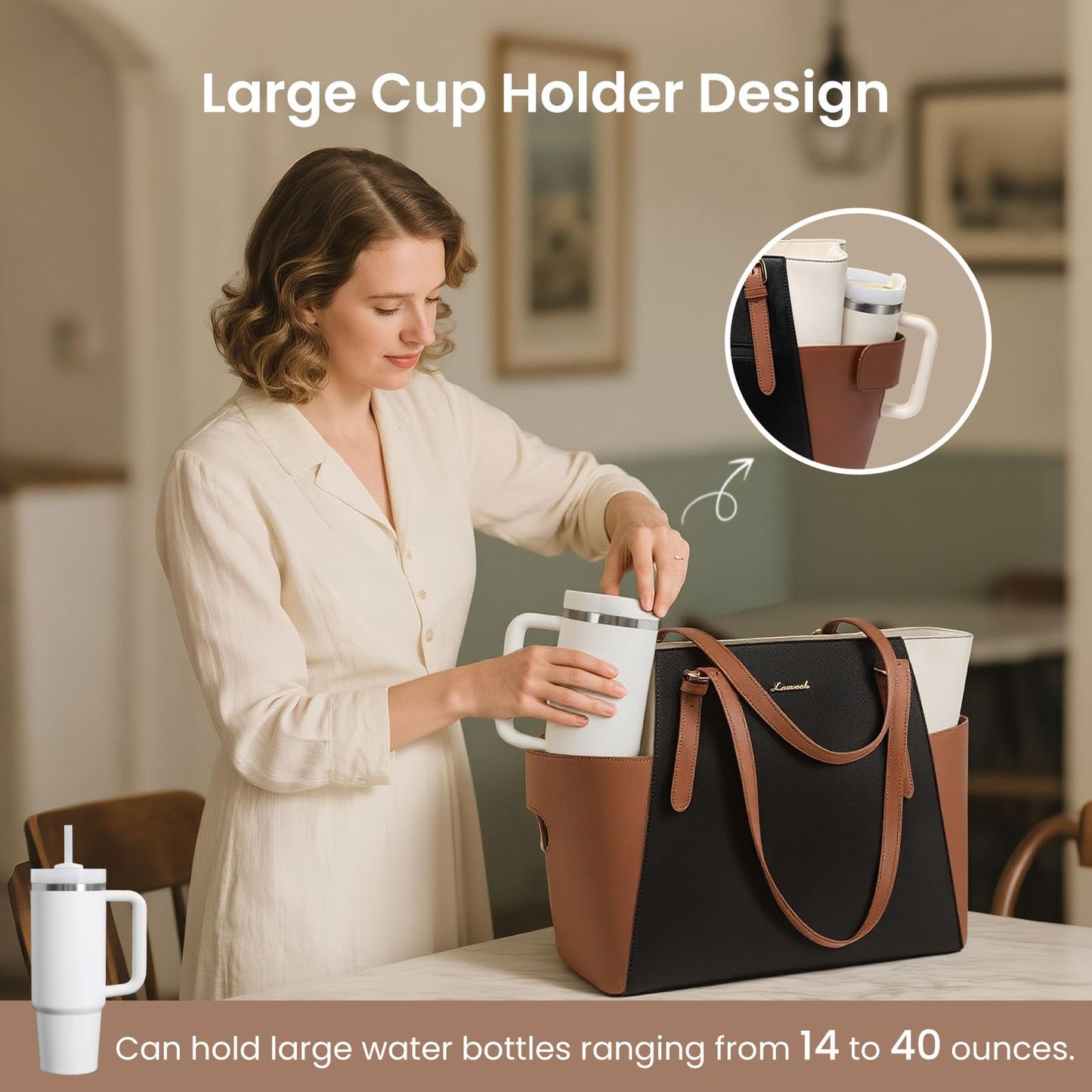 LOVEVOOK Laptop Tote Bag for Women With Large Cup Holder, Leather Work Tote Bag for Women,15.6 Inch Professional Computer Briefcase Business Teacher Commuter Shoulder Bag,Office Travel Gift