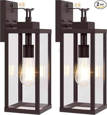 BesLowe 16” Upgraded Motion Sensor Outdoor Wall Lights, Dusk to Dawn Porch Lights Outdoor Wall Sconces, 3 Lighting Modes Exterior Lighting Fixtures with Hooks, Brown Outside Lights for House, 2-Pack