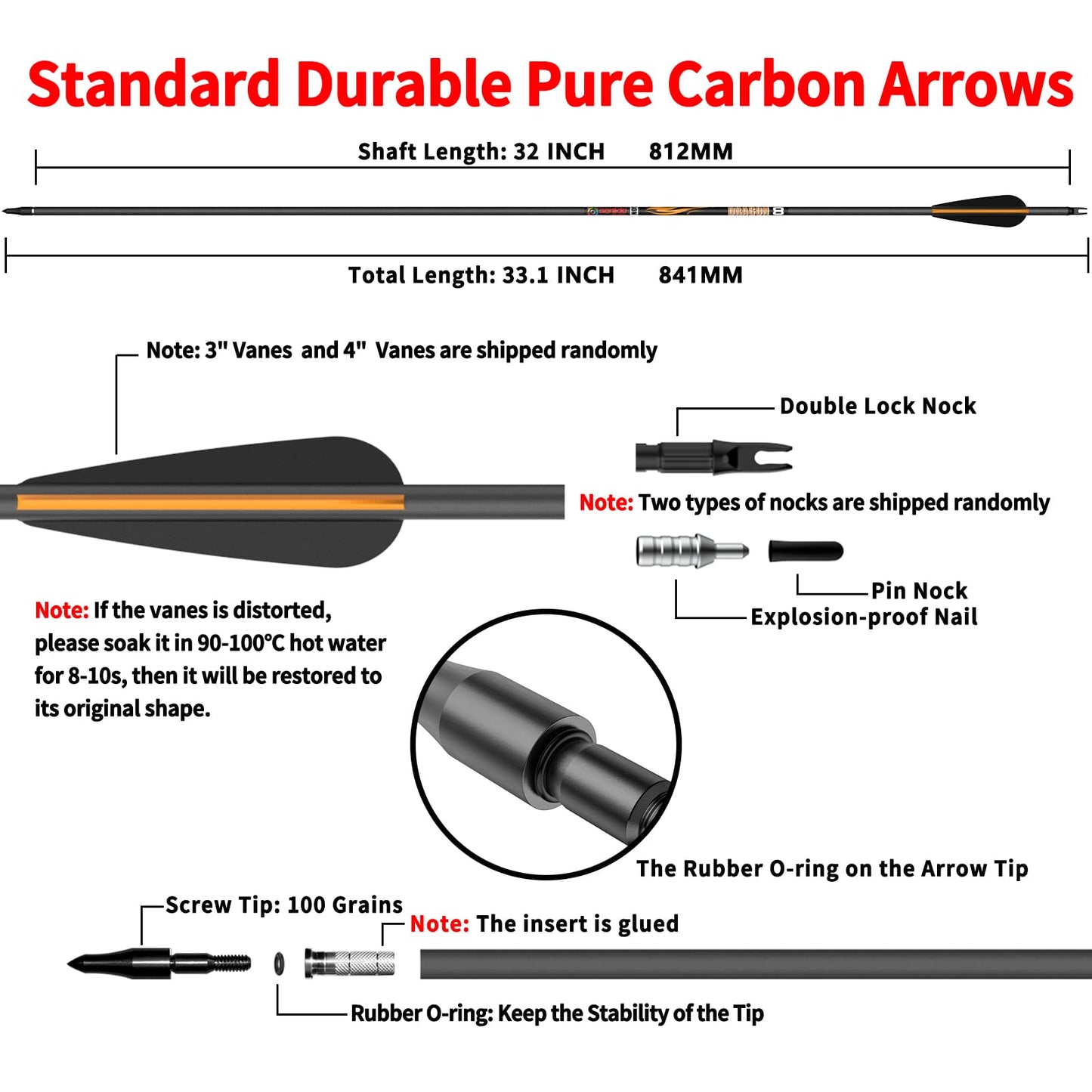 sanlida Dragon 8 100% Pure Carbon Hunting Arrows, 32" Ready-to-Shoot Arrows with Inserts, ±0.006" Straightness, 10-Spine Options, for Compound & Recurve Bows, 24 Pack (290 Spine)