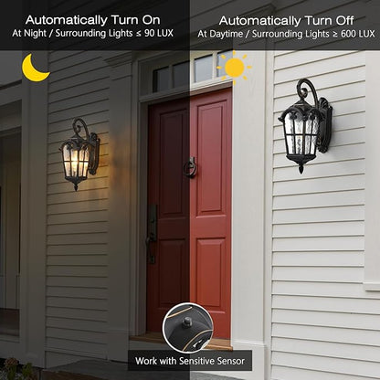 Dusk to Dawn Outdoor Wall Lights 17.1" H Exterior Lighting Fixtures Black Porch Light Waterproof Roman Wall Lantern with Water Ripple Glass for House Garage Patio