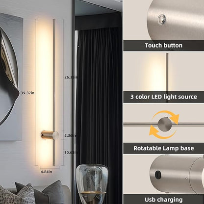 Battery Operated Wall Sconces with Remote, Dimmable 3000K-6000K/Timer/Memory LED Wall Lamp, 350°Rotate, USB Rechargeable Wireless wall lights for Living Room, Bedroom Brushed Nickel 39.3" (2 Pack)