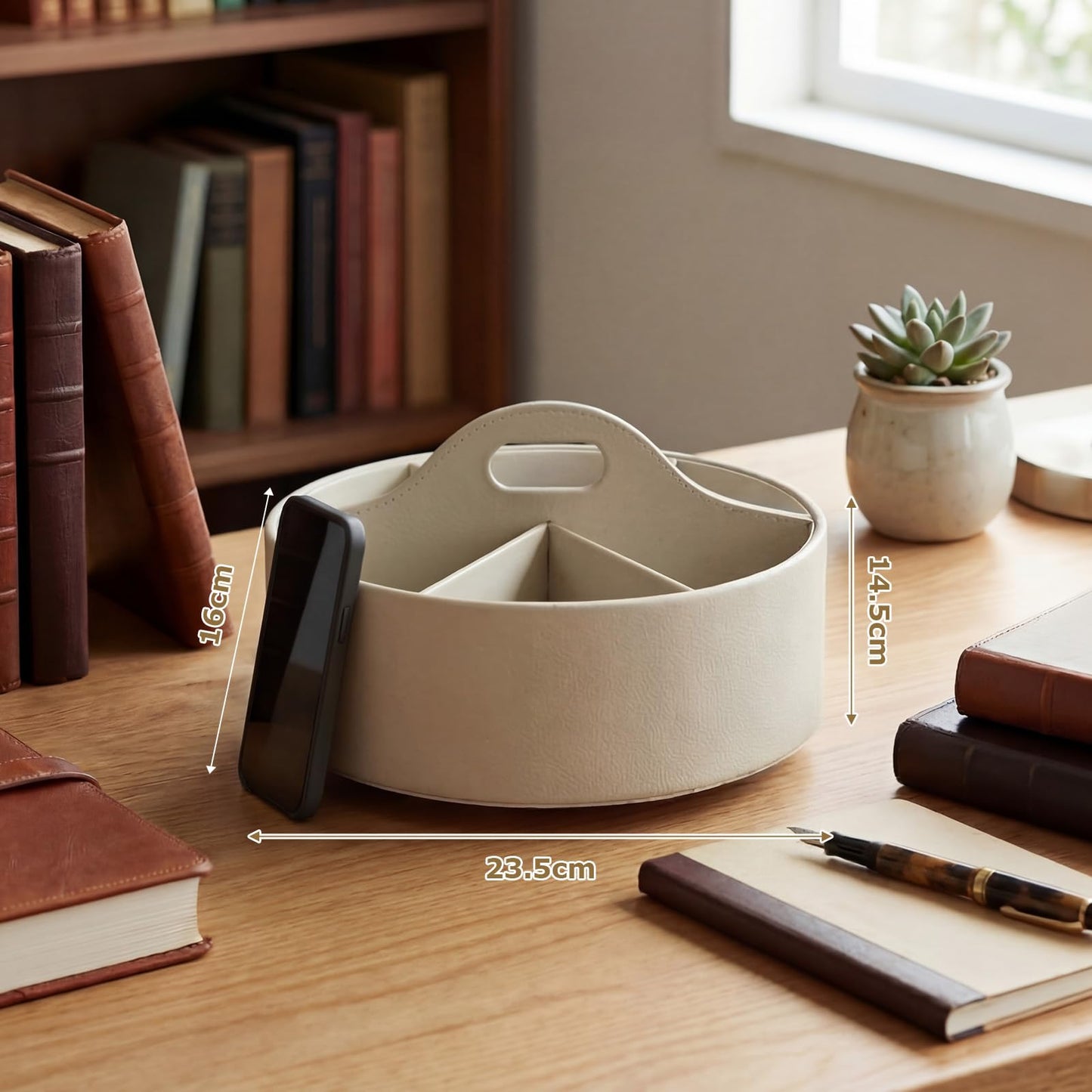 YooNotee 360° Rotating Leather Desk Storage Organizer with 6 Slots and Handle Extra-large Pen Holder Spinning Pencil Storage Lazy Susan Organizer Office Desk Supplies Marker, Art Supply (Beige)