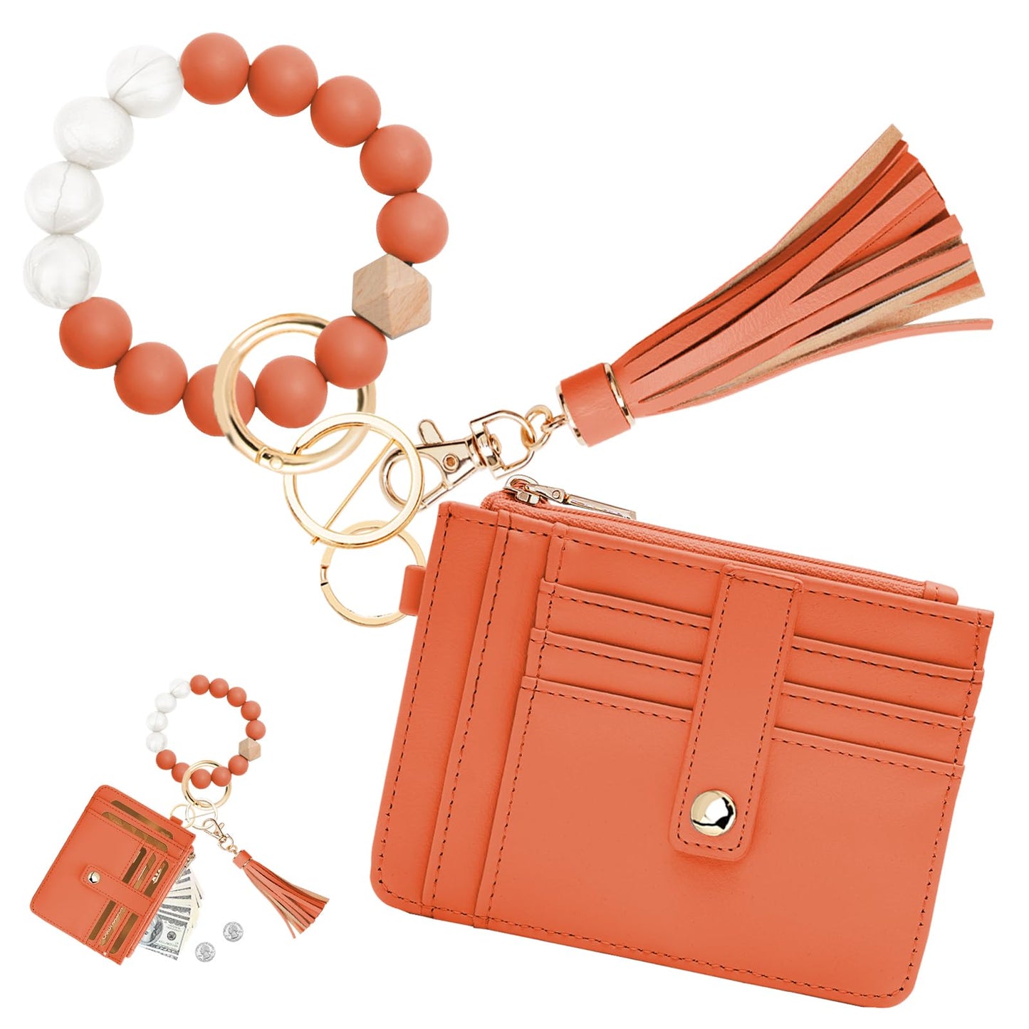KNGITRYI Wallet Keychain Wristlet for Women,Slim RFID Credit Card Holder Purse Tassel Keychain Bangle Key Ring for Men Women(Coral)