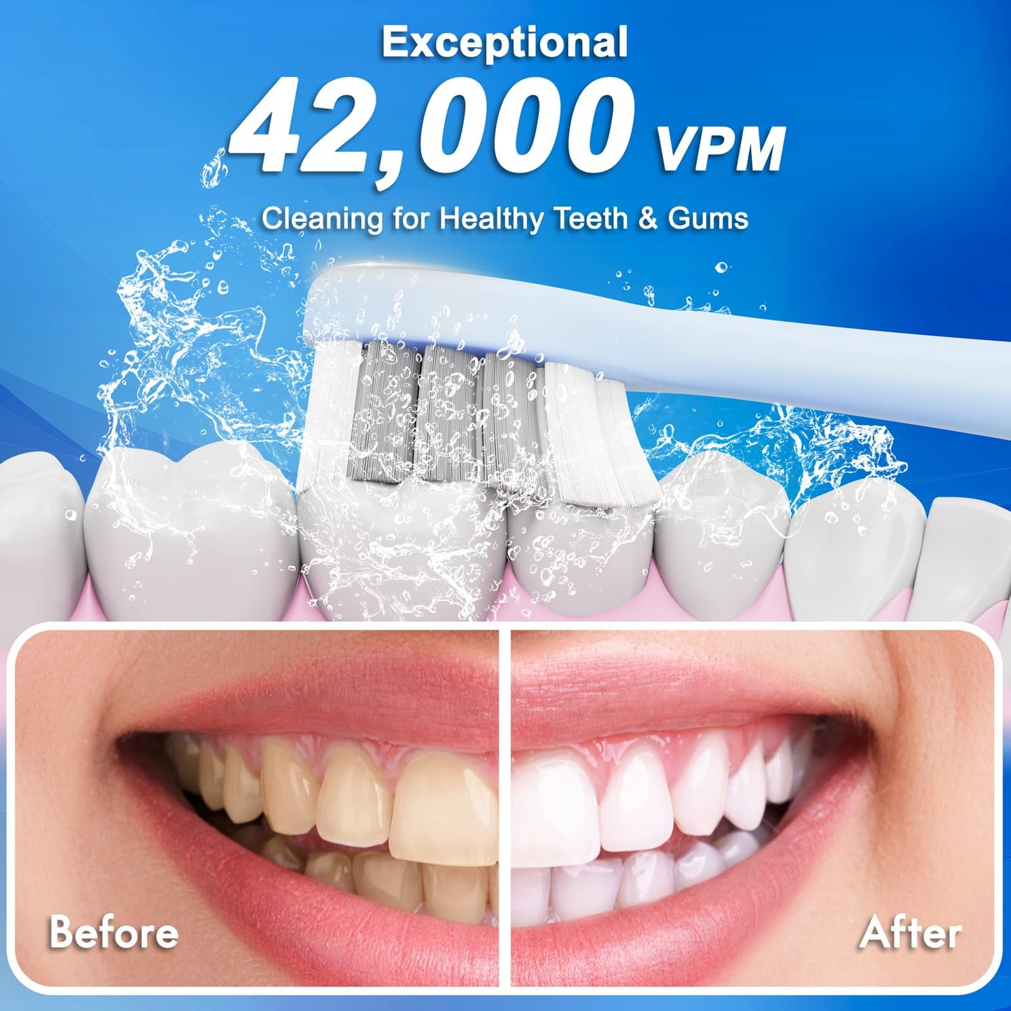 Sonic Electric Toothbrush for Adults and Kids, Comes with 10 Brush Heads & Travel Case, 5 Modes with 2 Minutes Built in Smart Timer, One Charge for 90 Days, 42,000 VPM Motor (Black)